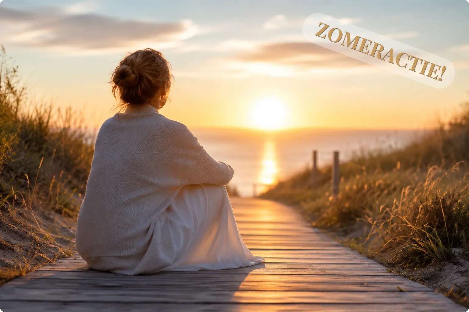 Vrouw bij zonsondergang op strand, moment van rust en bezinning